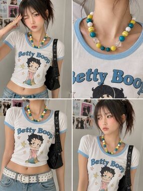 Y2K Colorful Beaded Statement Necklace Blue Yellow White Acrylic Beads